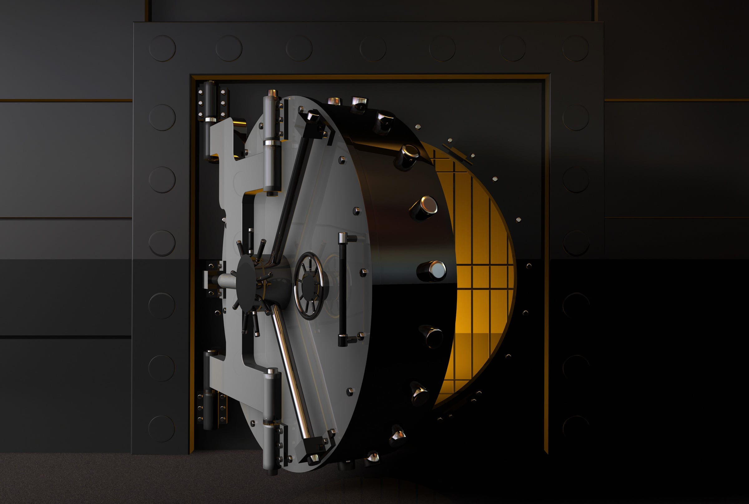A photorealistic heavy bank vault door in warm brass and steel, radiating trust and permanence